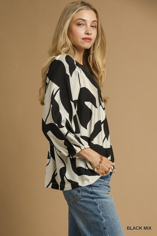 Leaf Print V-Neck Blouse