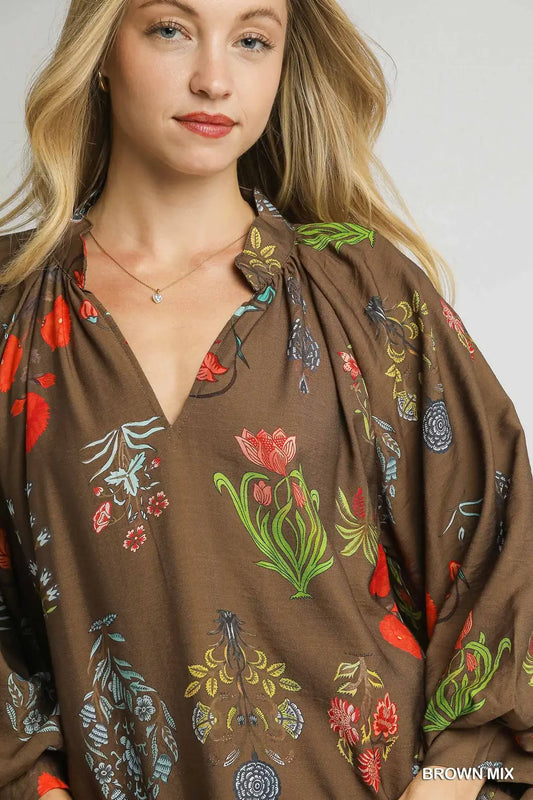 Split-Neck Floral Print Blouse