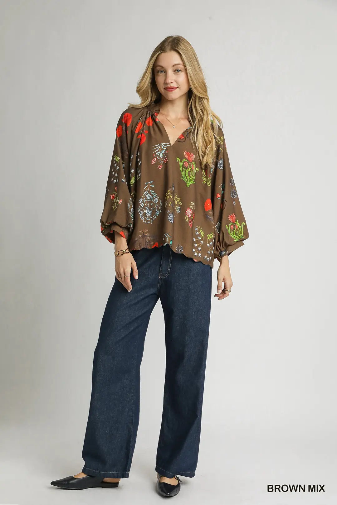 Split-Neck Floral Print Blouse