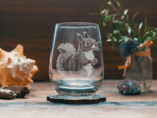 Etched Squirrel Stemless Wine Glass