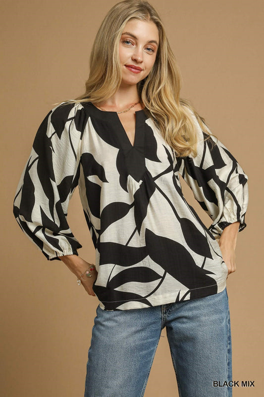 Leaf Print V-Neck Blouse