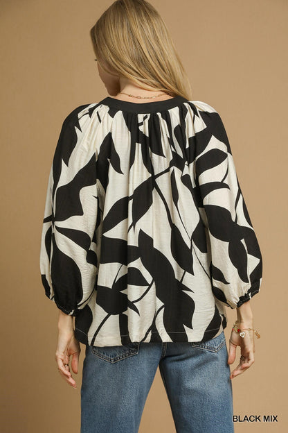 Leaf Print V-Neck Blouse