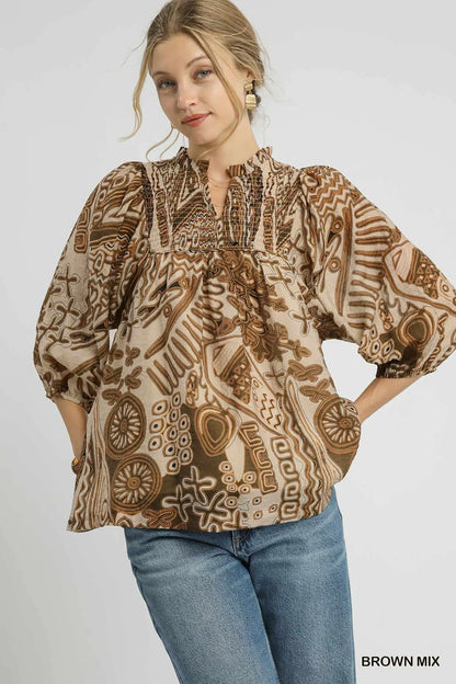 Abstract Print Smocked Blouse
