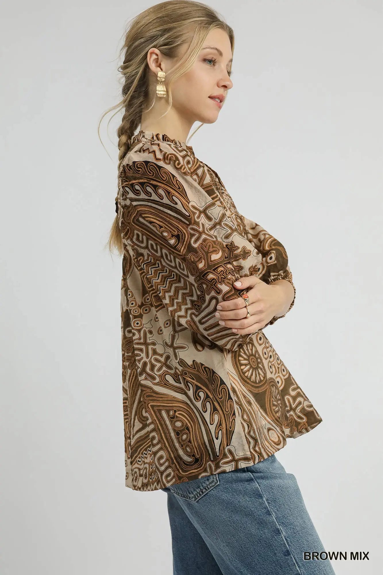 Abstract Print Smocked Blouse