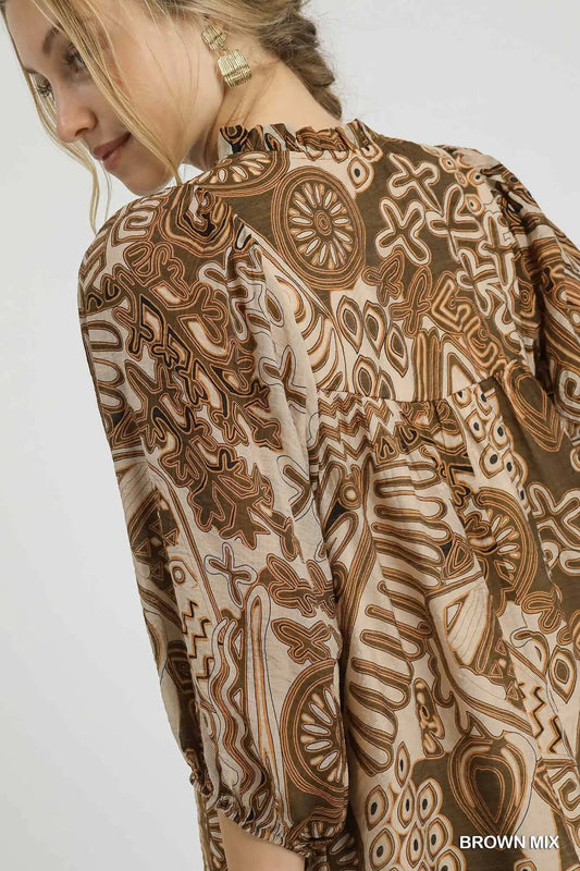 Abstract Print Smocked Blouse