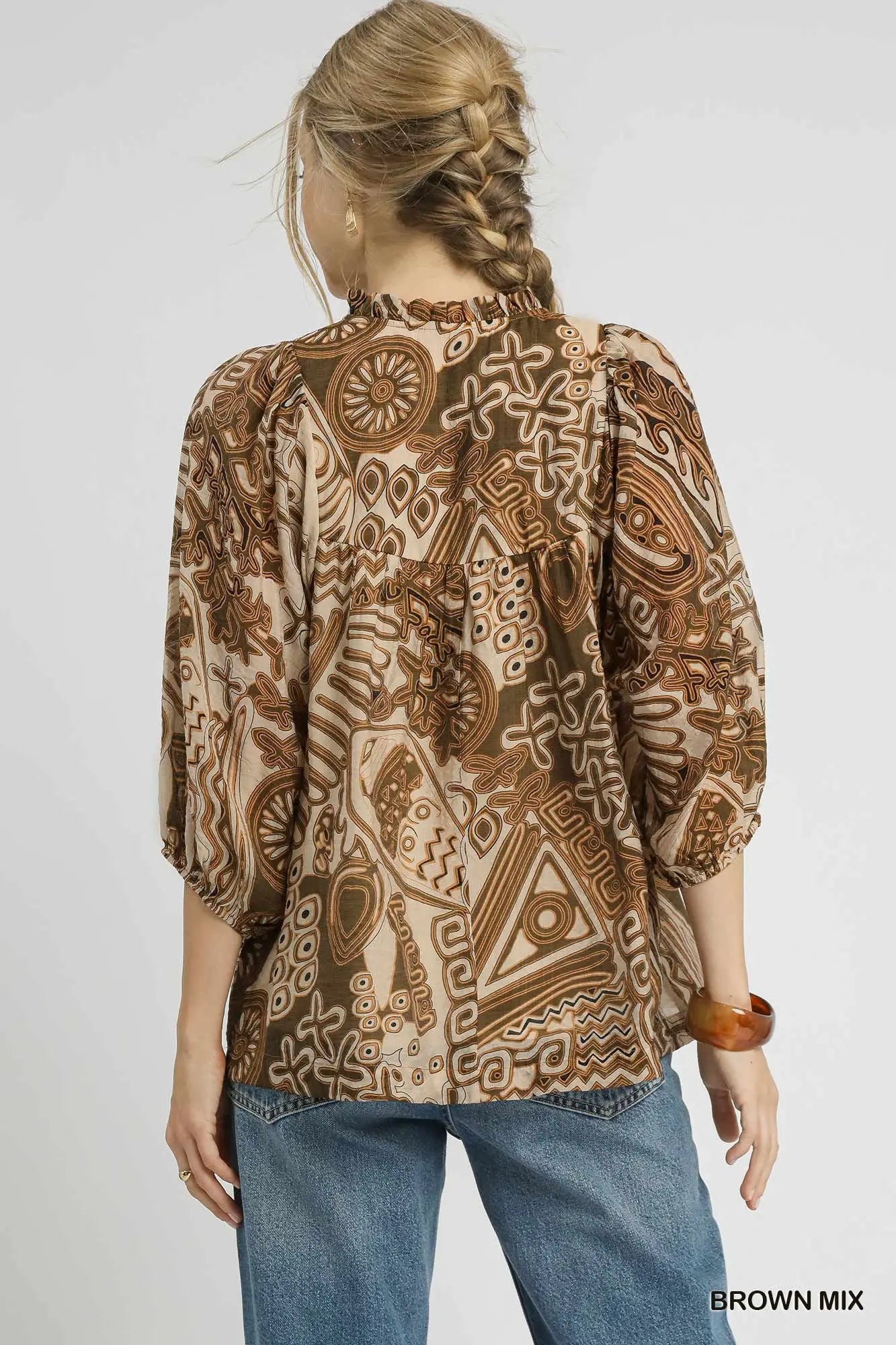 Abstract Print Smocked Blouse