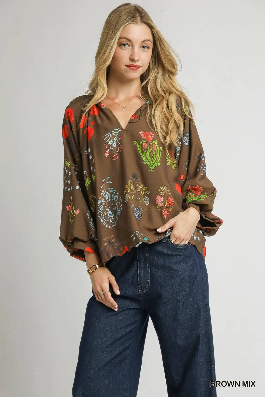 Split-Neck Floral Print Blouse
