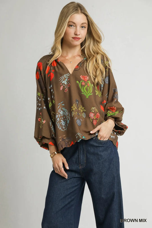 Split-Neck Floral Print Blouse
