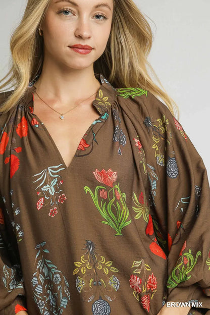 Split-Neck Floral Print Blouse