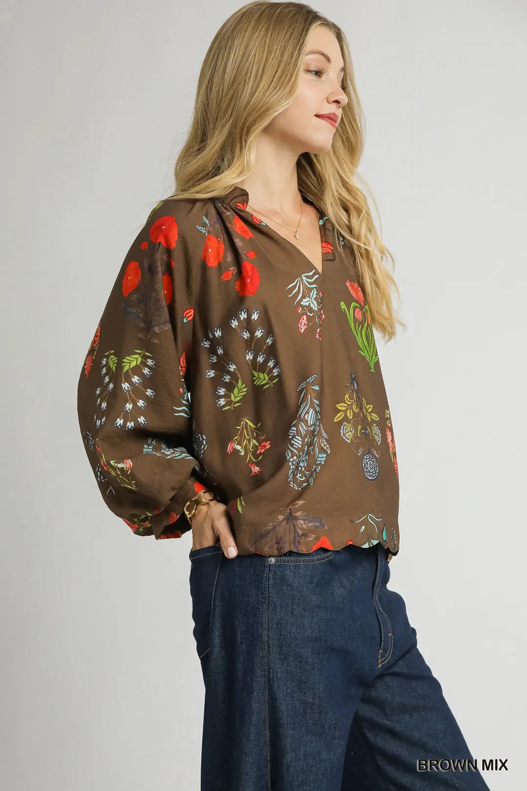 Split-Neck Floral Print Blouse