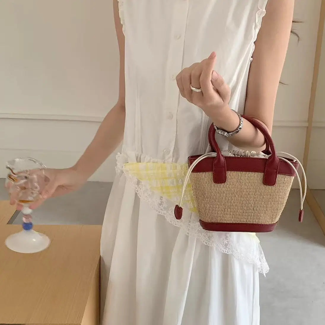 Leather/Straw Mini Tote