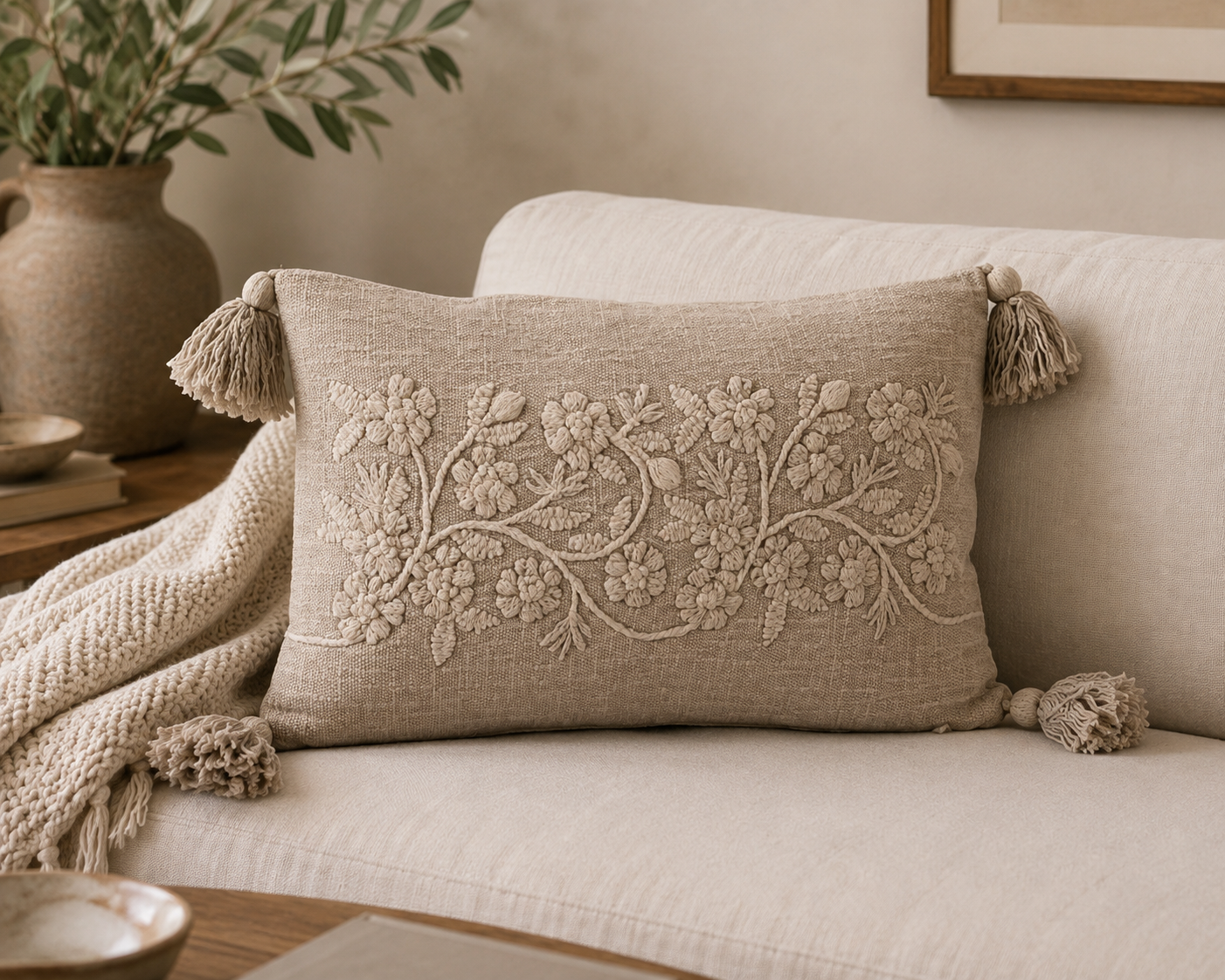 Embroidered Flower Lumbar Pillow