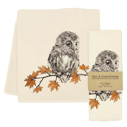 Owl with Leaves Tea Towel