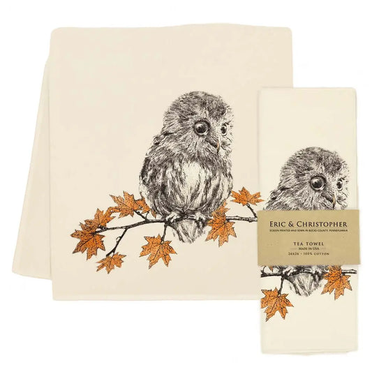 Owl with Leaves Tea Towel