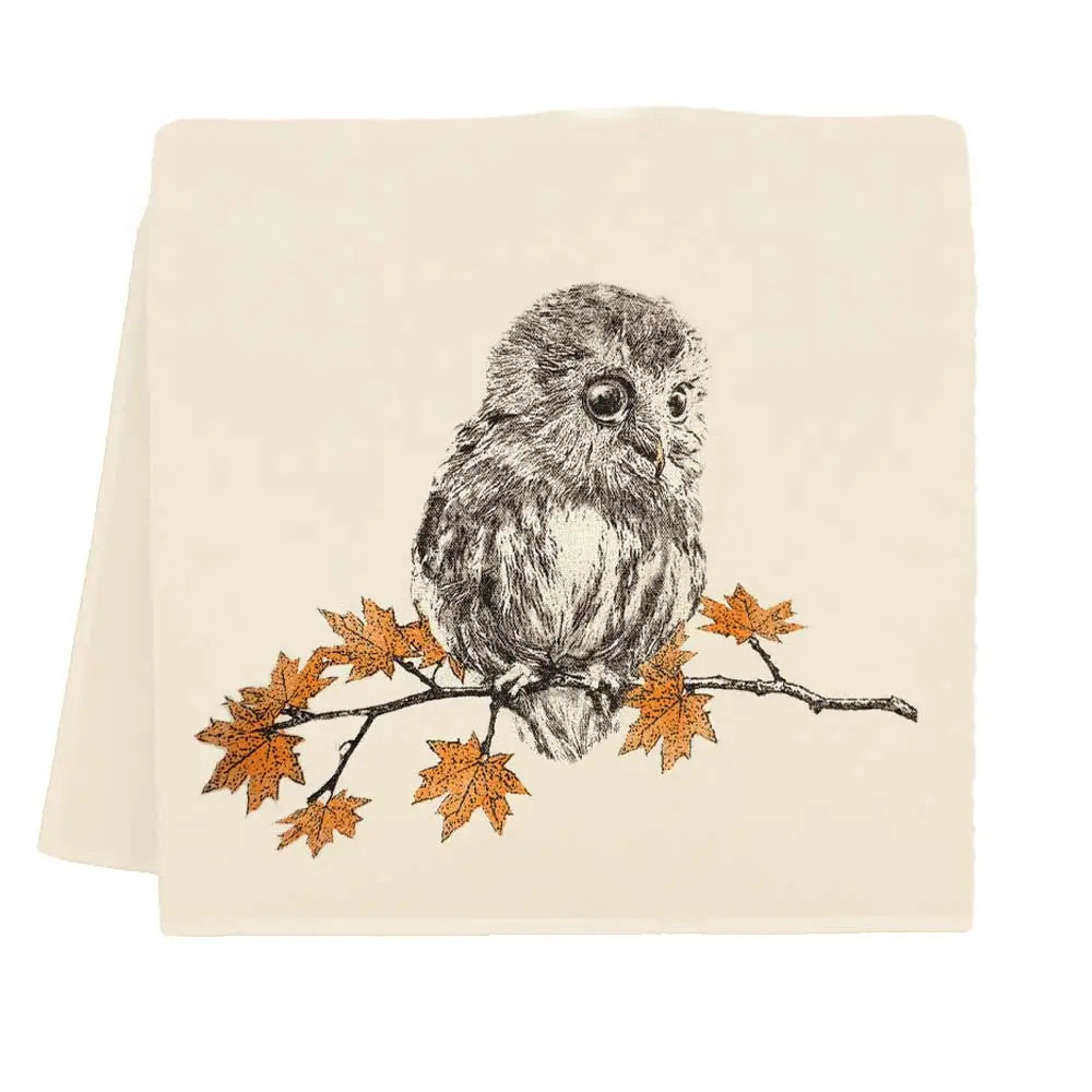 Owl with Leaves Tea Towel