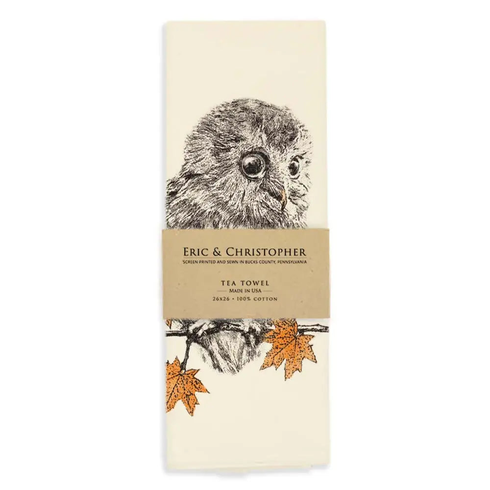 Owl with Leaves Tea Towel