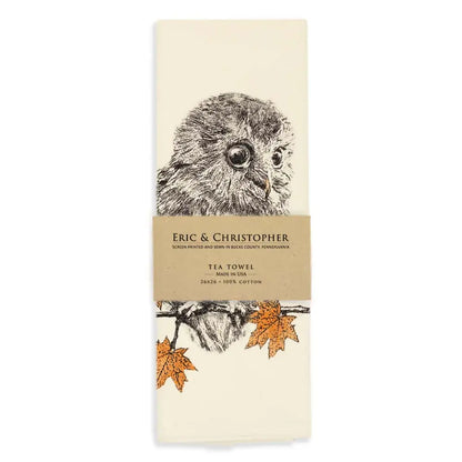 Owl with Leaves Tea Towel