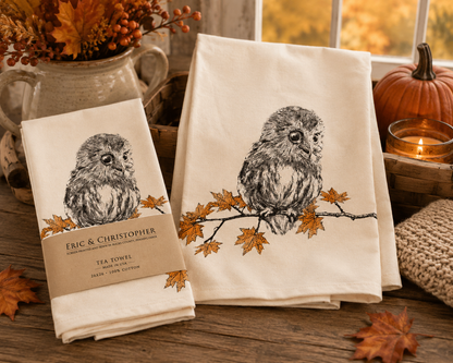 Owl with Leaves Tea Towel