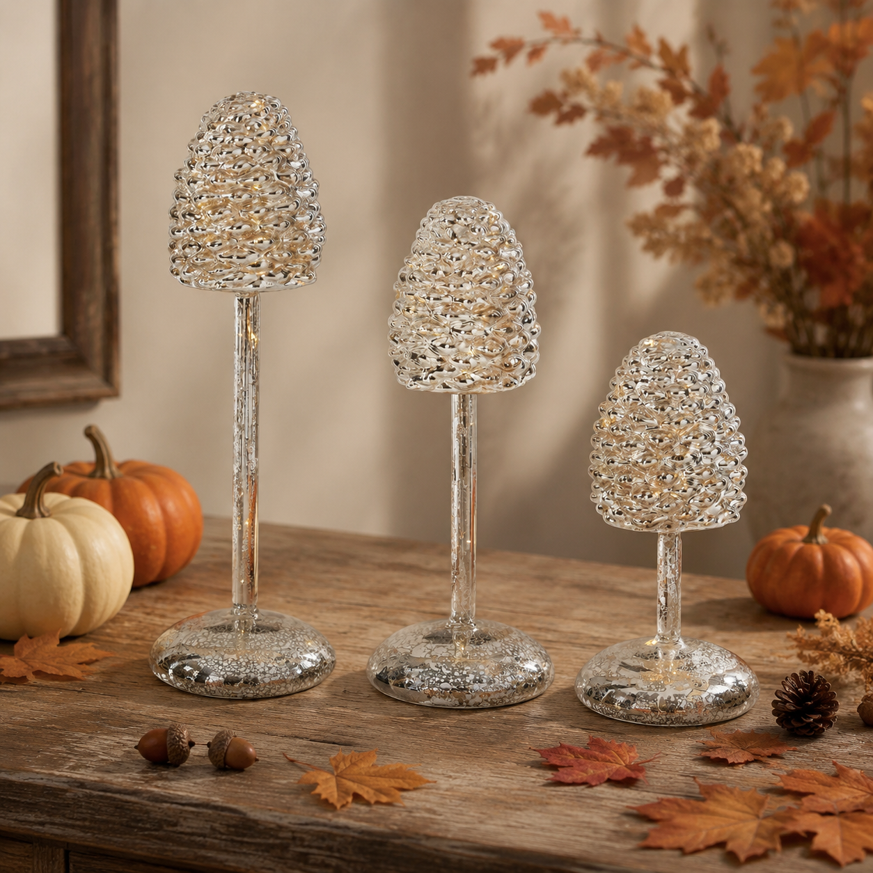 Mercury Glass Pinecone Finials - LED